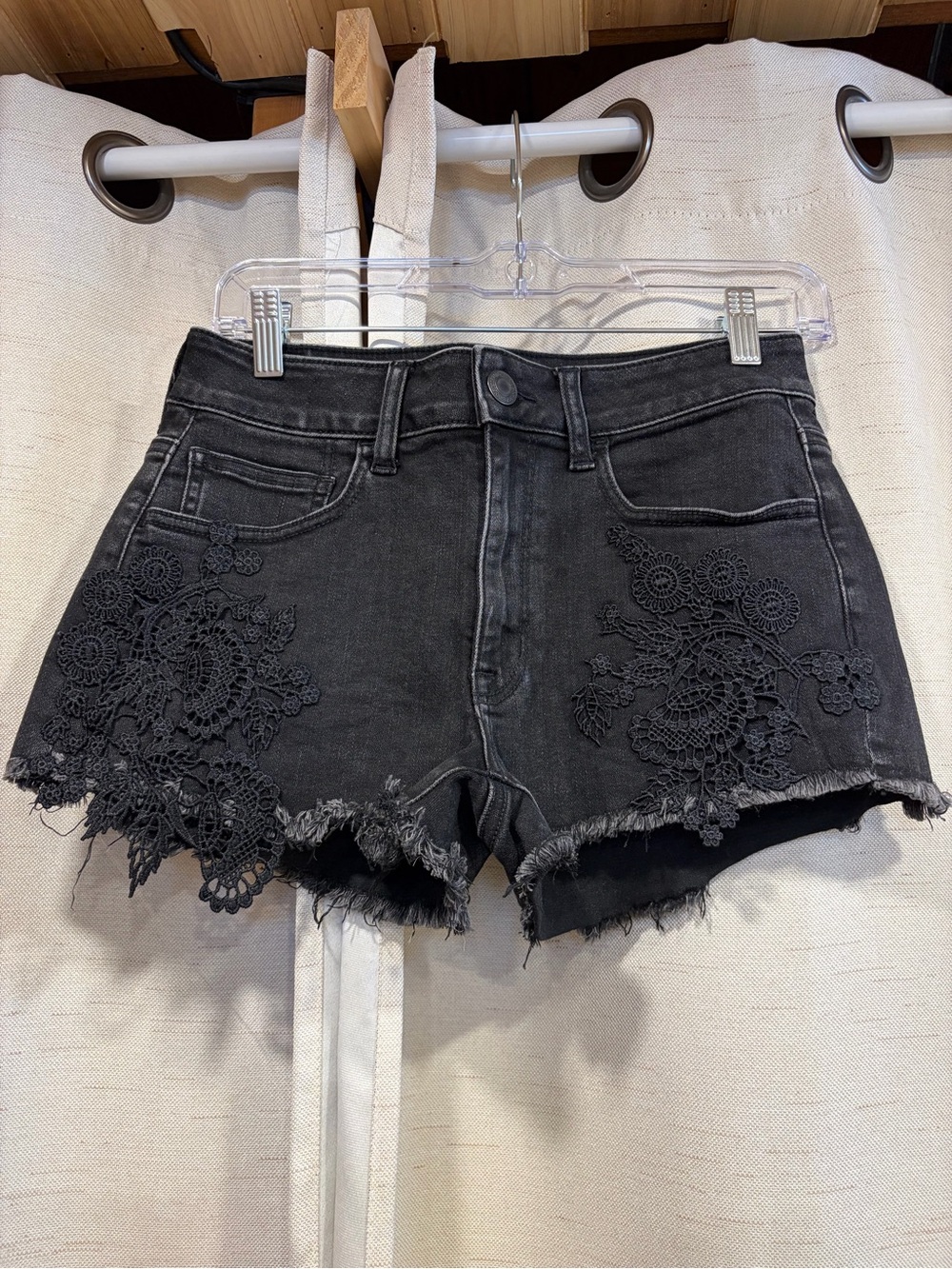 American Eagle Black Lace-Appliqué Denim Shorts
